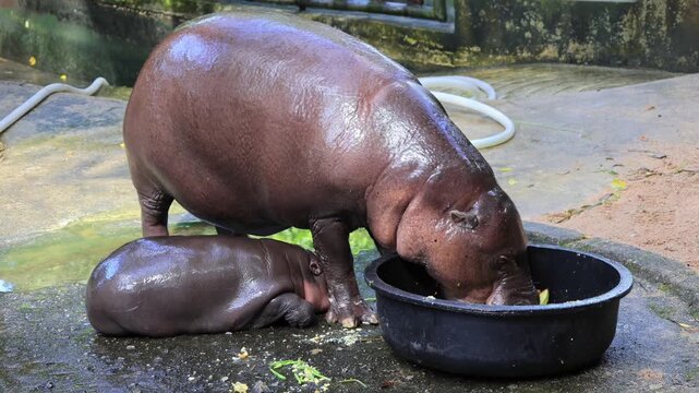 Footage of Adorable 3 Months Old Chubby Baby Pygmy Hippo Waiting for Mommy having Meal