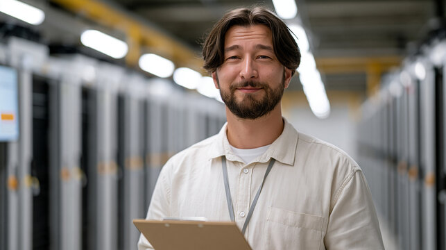 Kazakh renewable energy engineer stands in a server farm powered by wind turbines, holding an energy audit clipboard as AI cooling systems hum behind him, a screen displaying