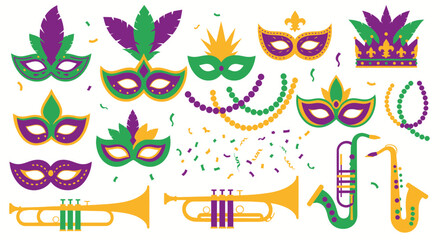 Mardi gras carnival masks beads and musical instruments collection © grendel