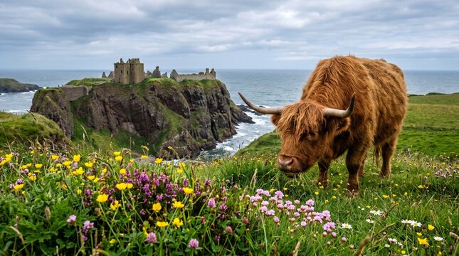 Highland Cow Grazing in Wildflower Meadow near Dunnottar Castle Scotland