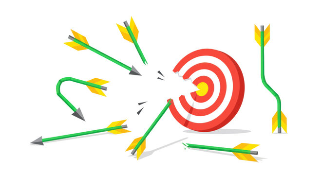 Broken and bent arrows failing to hit the center of a target