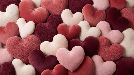 Obraz premium A and soft collection of heart-shaped pillows in various shades of red pink and burgundy creating a romantic and cozy atmosphere Valentine's Day or any occasion