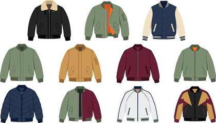 Bomber Jacket Collection Featuring Varsity, Flight, Quilted, Color Block, Leather Collar, and Casual Outerwear Flat Fashion Vector Set © MdNazmul