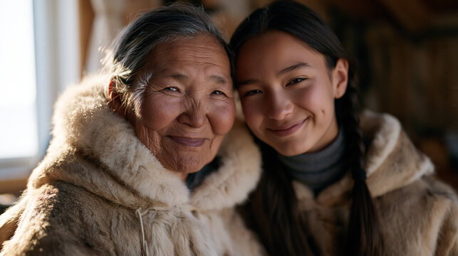 Inuit elder and her teenage granddaughter in a modest Arctic home react differently to an AI image generation tool producing culturally inaccurate depictions of their community,