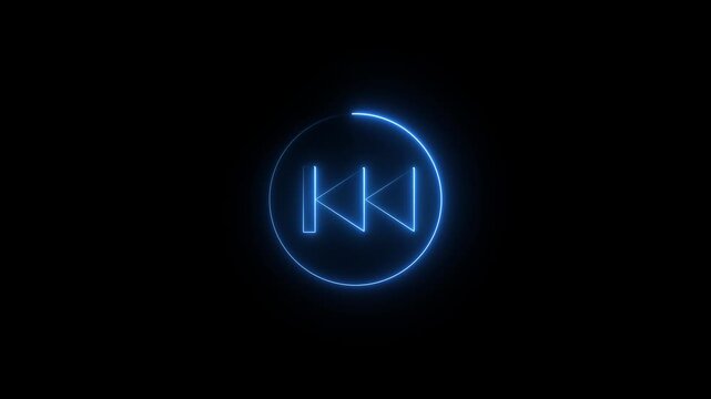 Previous button neon shine fast backward button icon. On black background.