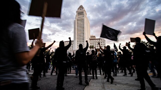 Crowd of Activists Protesting with Raised Fists at Sunset City Hall