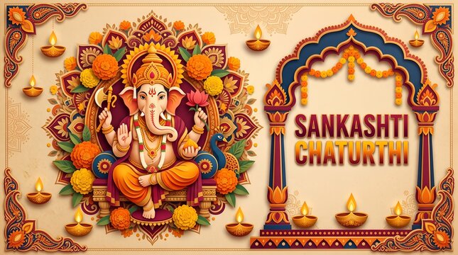 Sankashti Chaturthi festival with Lord Ganesha in a layered paper style surrounded by marigold flowers and diyas celebrating the remover of obstacles