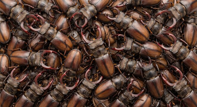 A dense pile of brown stag beetles with prominent red mandibles creating a textured natural pattern