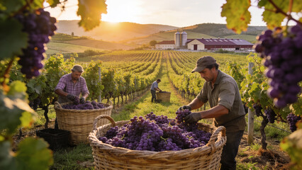 Fototapeta premium Winemakers harvesting ripe grapes in a sunlit vineyard, showcasing traditional viticulture, teamwork, sustainable agriculture, and premium wine production.