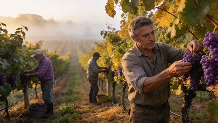Fototapeta premium Winemakers harvesting ripe grapes in a sunlit vineyard, showcasing traditional viticulture, teamwork, sustainable agriculture, and premium wine production.