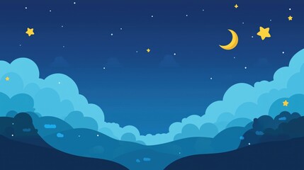 Obraz premium Cute cartoon night sky landscape with moon, stars and fluffy clouds, fantasy nature background illustration