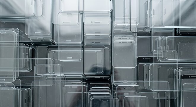 A dense, abstract arrangement of clear plastic smartphone screen protectors creating a shimmering, layered effect