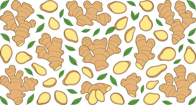 Fresh ginger root vector seamless pattern background with whole rhizome slices and green leaves for spice herbal tea healthy food design