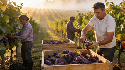 Fototapeta premium Winemakers harvesting ripe grapes in a sunlit vineyard, showcasing traditional viticulture, teamwork, sustainable agriculture, and premium wine production.