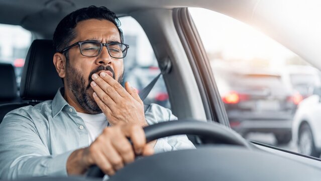 Tired man yawning while stuck in traffic. Exhausted driver covers mouth in car during commute. banner format
