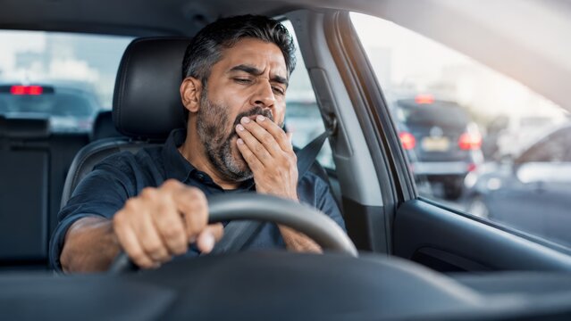 Tired man yawning while stuck in traffic. Exhausted driver covers mouth in car during commute. banner format