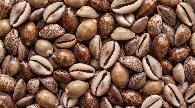 A detailed close-up overhead view of a large collection of natural cowrie shells with intricate patterns and varied earthy tones