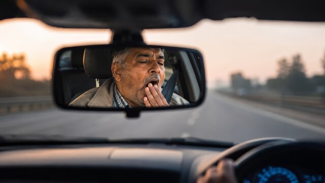 Tired man yawning while stuck in traffic. Exhausted driver covers mouth in car during commute. banner format