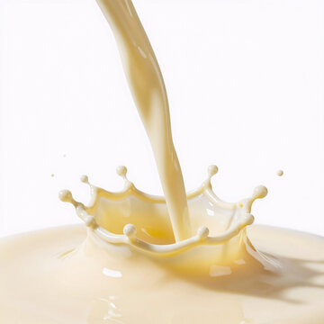Synthwave Splash Dairy. Yellow Milk Droplet On White Background