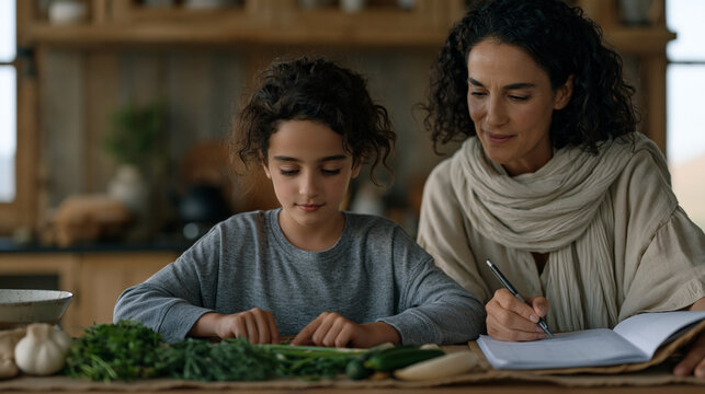 Lebanese girl arranging vegetables by size across a kitchen counter as part of a homeschool math lesson, her mother recording notes beside her, leading lines from the counter edge