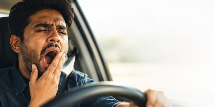 Tired man yawning while stuck in traffic. Exhausted driver covers mouth in car during commute. banner format