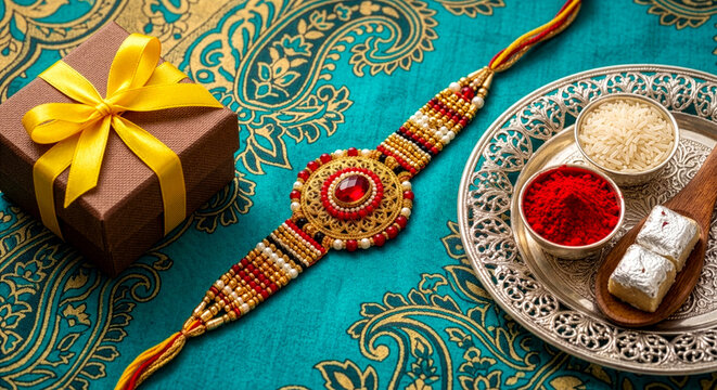 Traditional Rakhi Thread with Gift Box, Kumkum, Rice, and Sweets for Raksha Bandhan Celebration