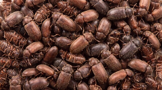A large cluster of small brown beetles with oval bodies and segmented legs densely packed together, filling the entire frame