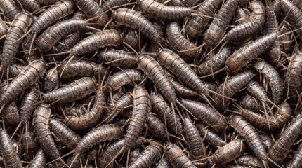 A large congregation of silverfish with elongated segmented bodies and long antennae creating a shimmering, textured pile © ProNoJoy