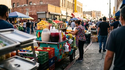 Obraz premium Latino Street Vendor Preparing Fresh Fruit Cups at Busy Outdoor Market