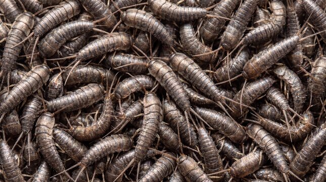 A large congregation of silverfish with elongated segmented bodies and long antennae creating a shimmering, textured pile