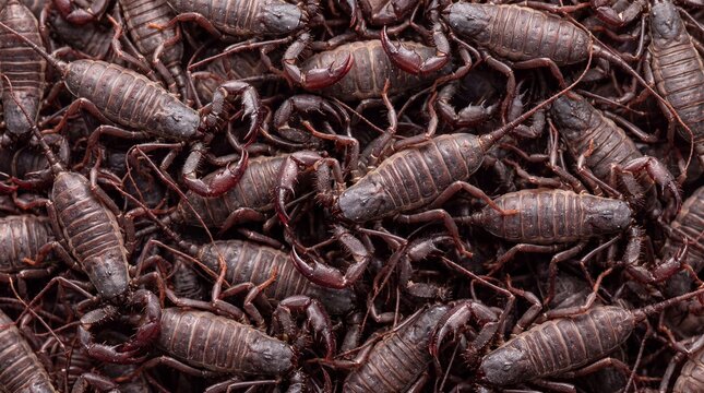 A large collection of dark brown scorpions with prominent pincers and segmented tails piled together in a dense, ominous formation