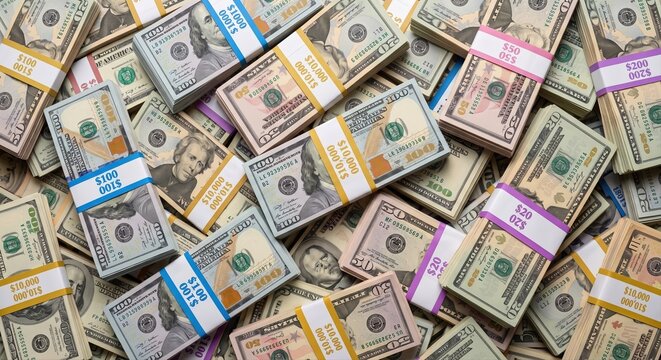 A large pile of US dollar bills in various denominations neatly bundled and stacked representing wealth and financial abundance