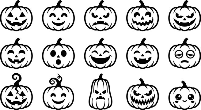 Image 6: Variety of black and white jack o' lantern faces collection for halloween decorations and seasonal designs