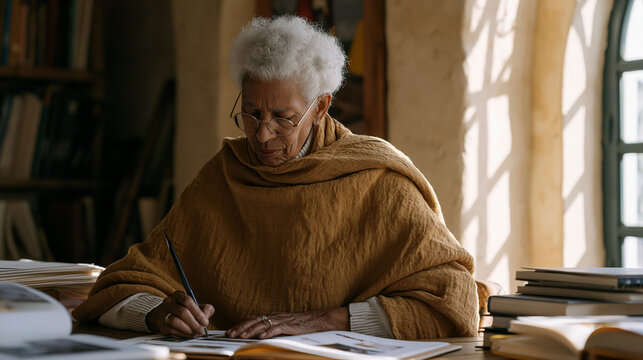 Elderly Ethiopian AI training dataset curator in a sunlit archive room carefully selects culturally appropriate photographs for an AI image generation training corpus, her