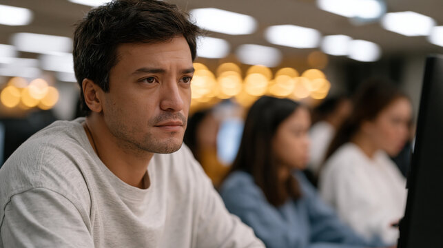 Overcrowded content moderation operations center in Manila where Berber and Filipino reviewers work adjacent monitors flagging AI-escalated harmful material, exhaustion and moral