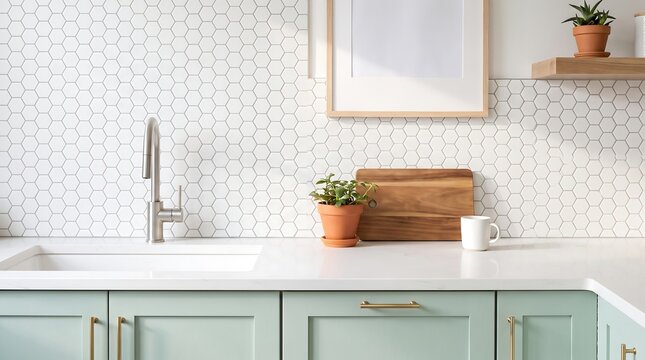 Modern kitchen interior with green cabinets and hexagon tile backsplash