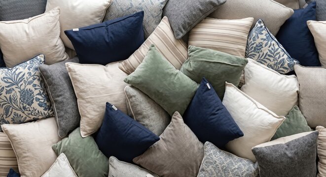 A vibrant and inviting assortment of decorative throw pillows in various colors textures and patterns creating a stylish and cozy home decor background