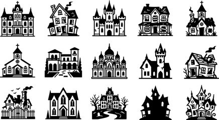 Fototapeta premium Collection of 14 black and white silhouette illustrations of various spooky and haunted houses and churches