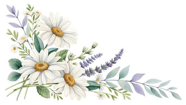 Daisy and Lavender Floral Arrangement: A charming corner adornment featuring delicate white daisies and fragrant lavender sprigs, accented with soft green and pale purple foliage.