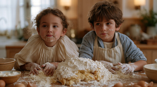 Colombian siblings elbow deep in flour on a kitchen counter, a lopsided birthday cake collapsed mid bake between them, wide view of the disaster zone showing mixing bowls,