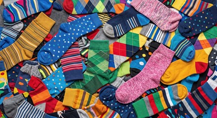 An energetic explosion of colorful and patterned socks in a chaotic yet organized pile creating a...