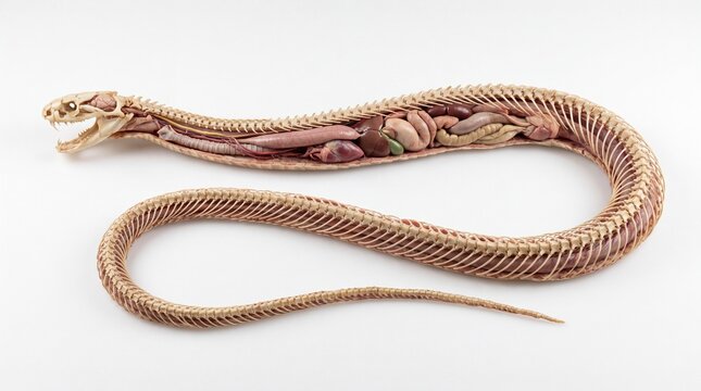 Anatomical model of a snake with its skeletal structure and internal organs exposed in a detailed scientific cross-section