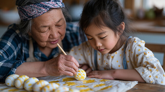 Vietnamese grandmother guides her granddaughter's brush strokes on an Easter egg at a sunlit kitchen table, the girl's face bent close in concentration, a row of finished eggs