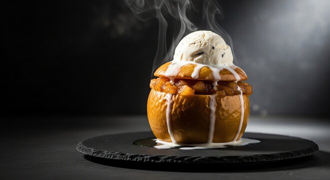Baked apple dessert with ice cream and steam on a dark plate