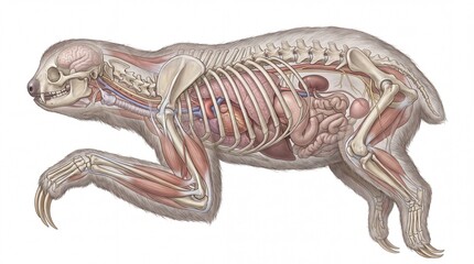 Fototapeta premium Artistic representation of a sloth's internal anatomy showcasing its skeletal structure musculature and organs in a side view