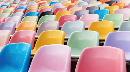 Fototapeta premium Colorful seats fill the stands of a stadium during an event or game in a bright and lively atmosphere