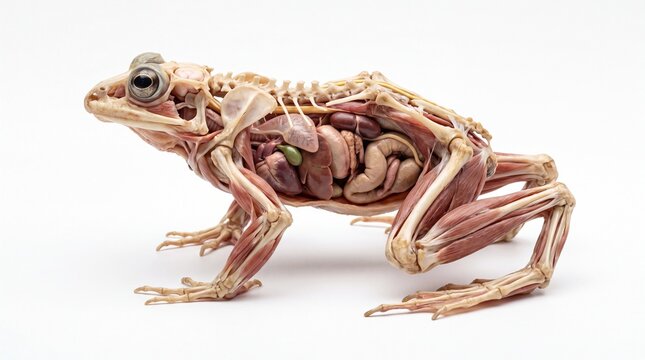 Close-up anatomical view of a frog's internal structure including skeleton, muscles, and organs in a detailed study