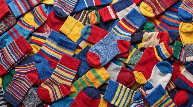 Close-up view of a jumbled collection of colorful striped and patterned socks showcasing diverse textures and vibrant hues in a playful assortment
