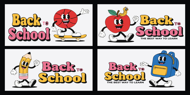 Groovy Retro Back to School Horizontal Banner and Website Header Vector Template Set.