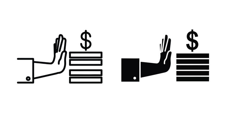Hand gesture rejecting money or financial bribe, business ethics and anti-corruption concept icon set